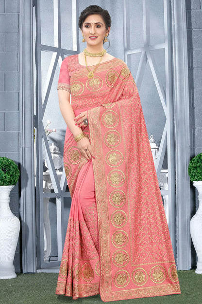 Peach Colour Vichitra Bloming Silk Designer Saree