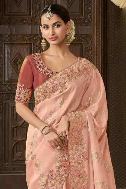 Peach Colour Viscose Tissue Designer Saree