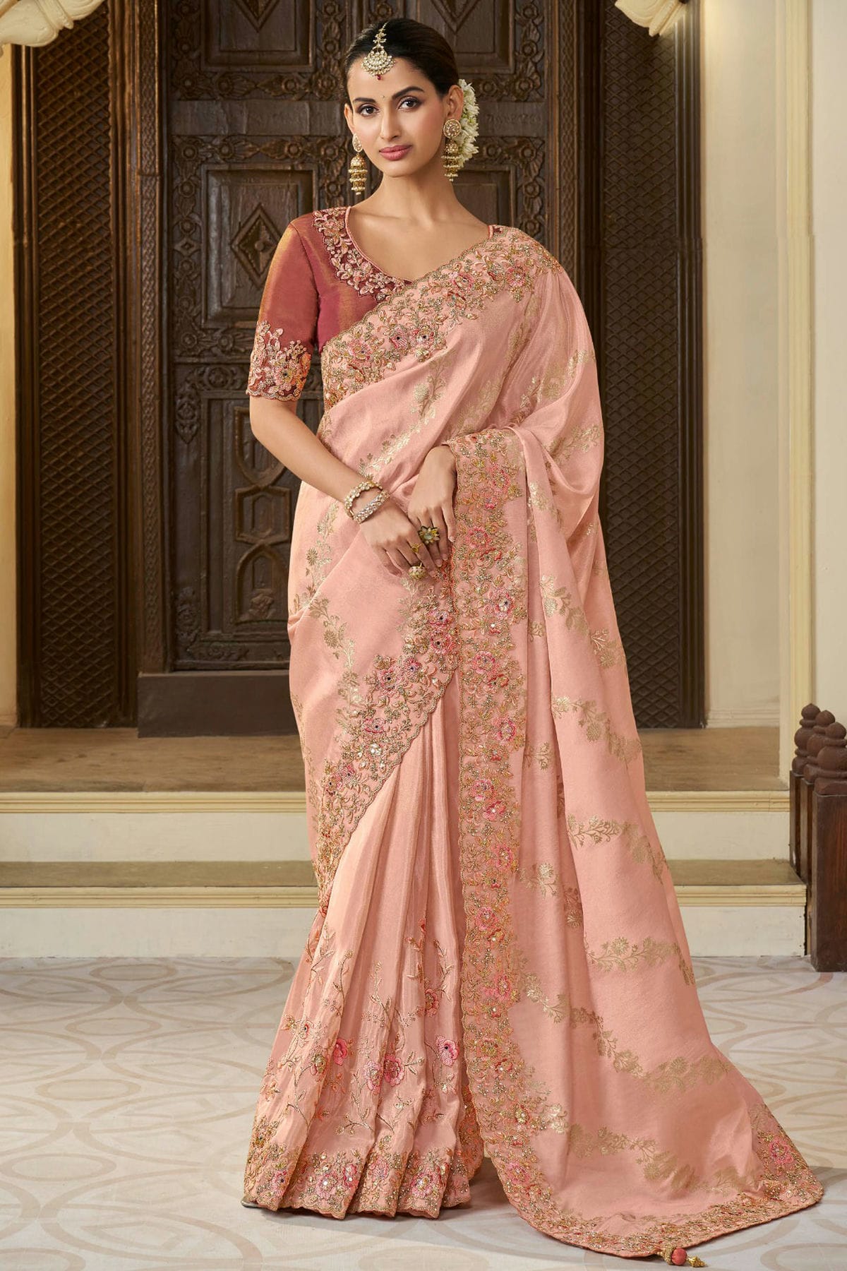 Peach Colour Viscose Tissue Designer Saree