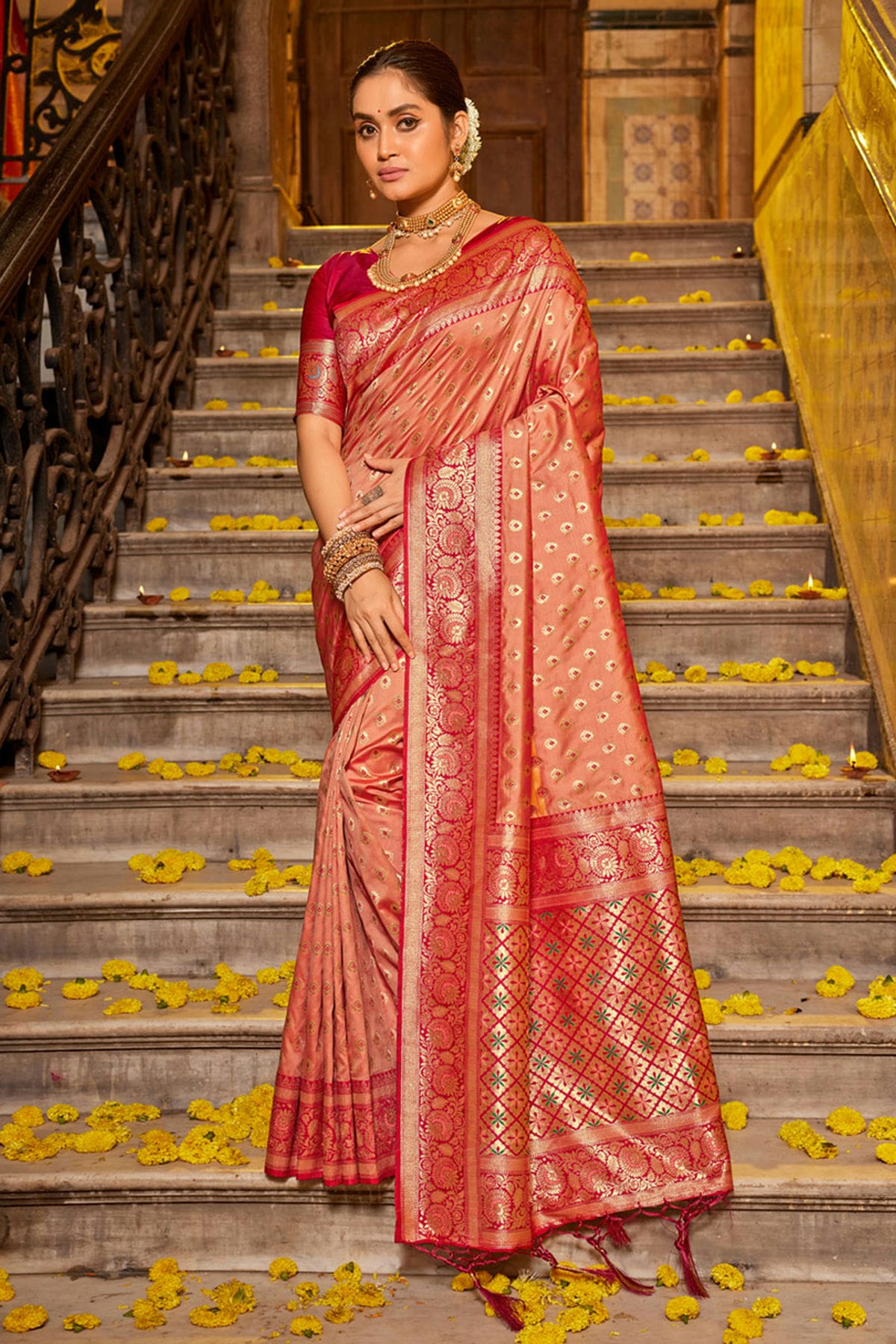 Peach Colour Woven Work Banarasi Silk Saree