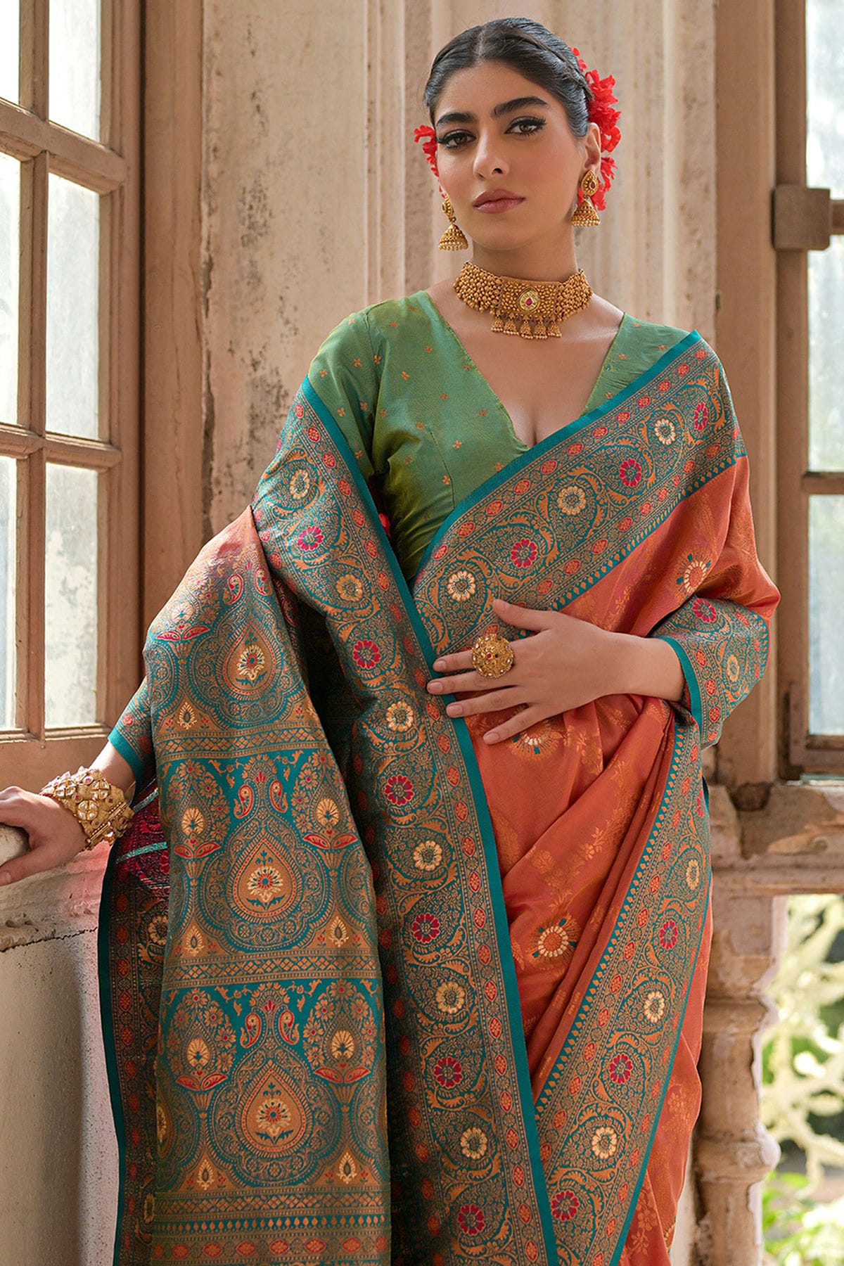 Peach Colour Woven Work Banarasi Silk Saree VSSD1260003