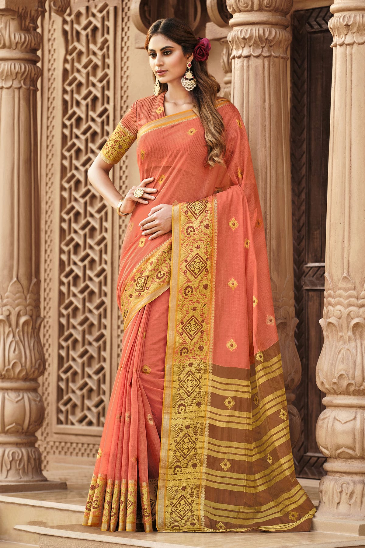 Peach Colour Woven Work Cotton Saree