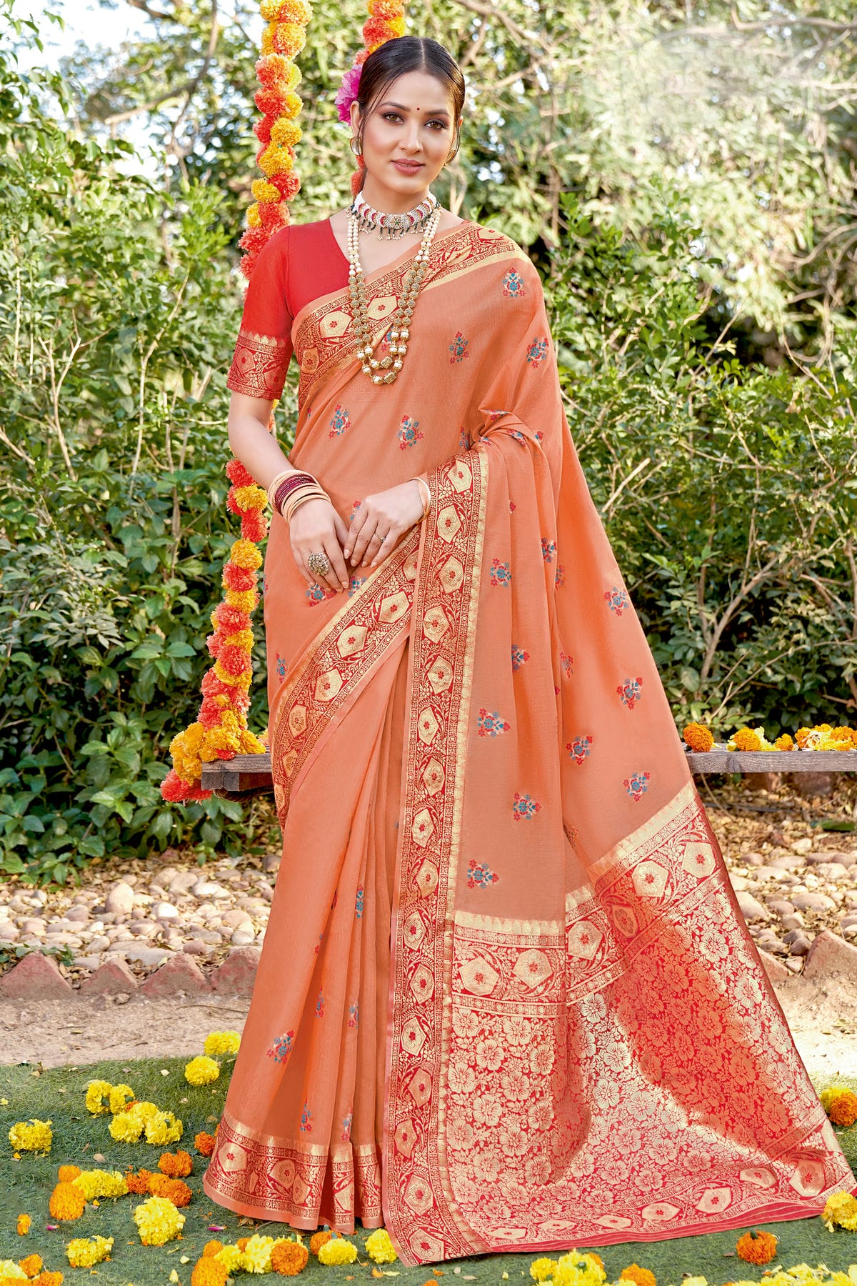 Peach Colour Woven Work Cotton Saree