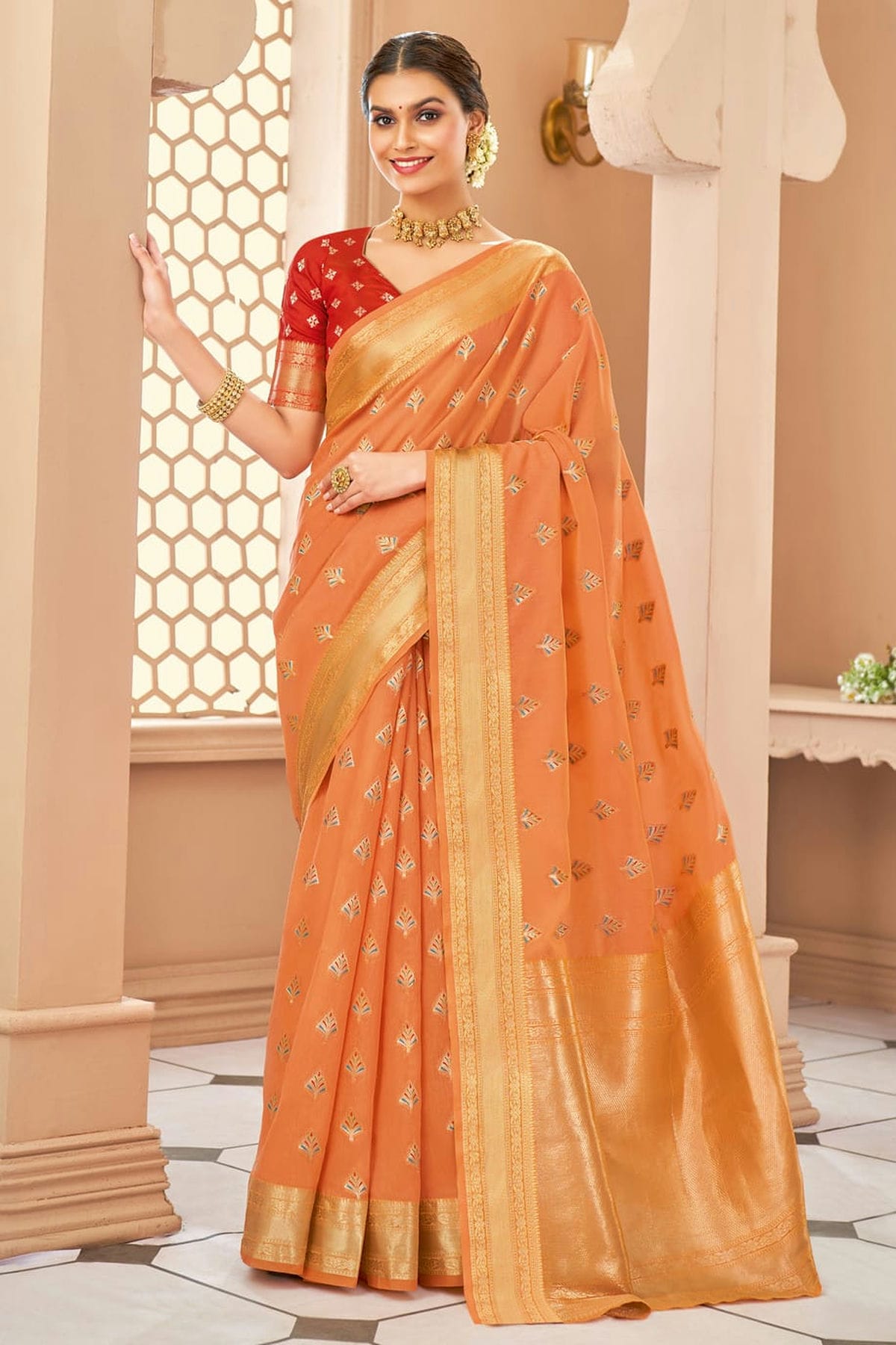 Peach Colour Woven Work Cotton Saree