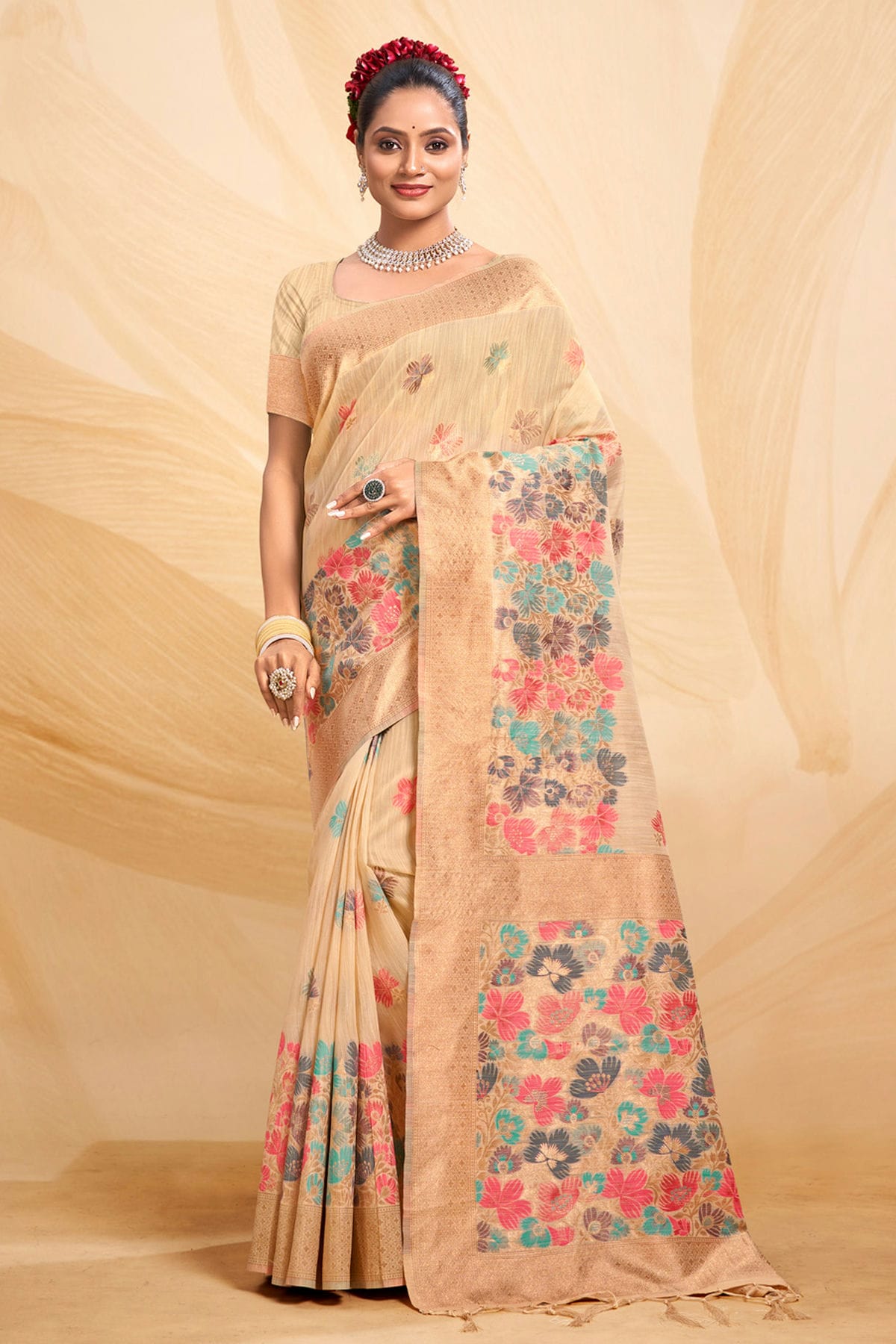 Peach Colour Woven Work Cotton Saree