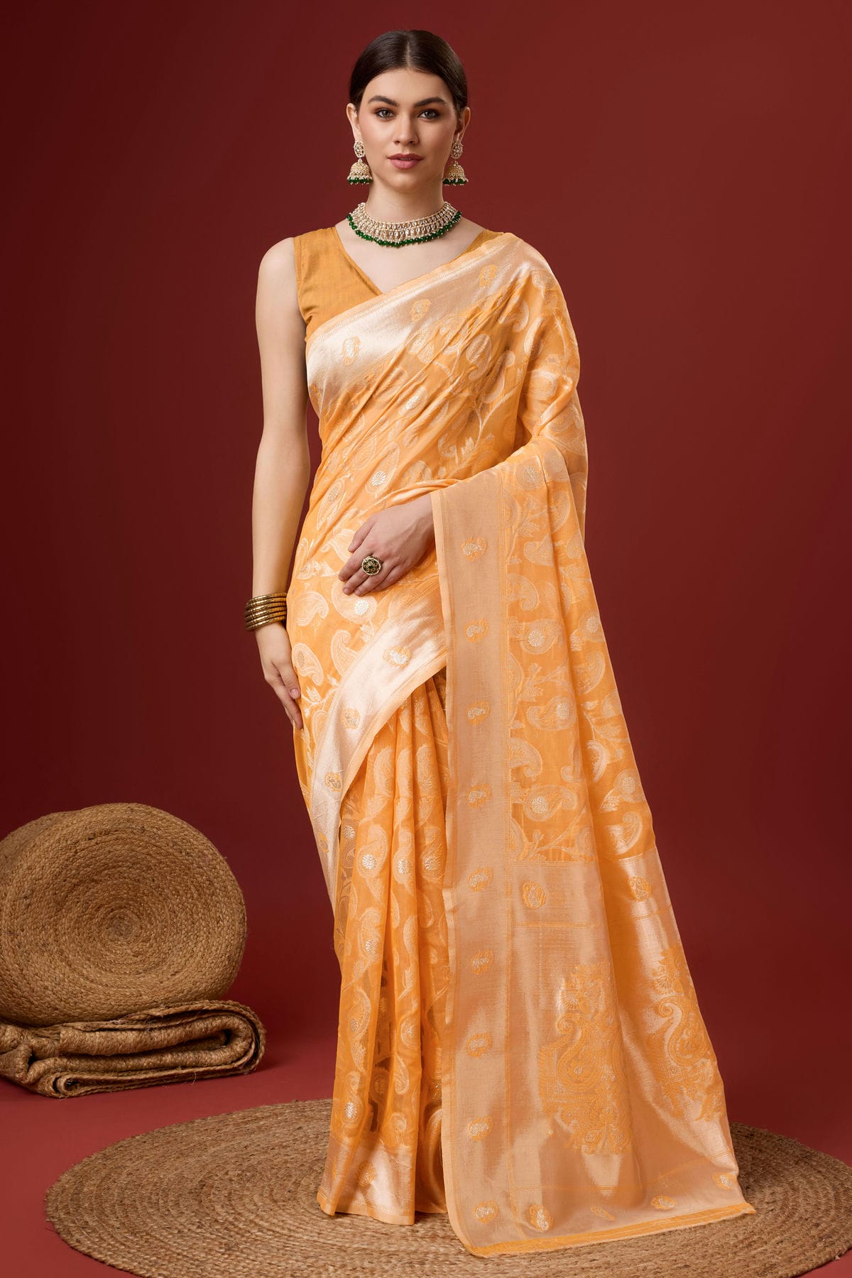 Peach Colour Woven Work Cotton Saree