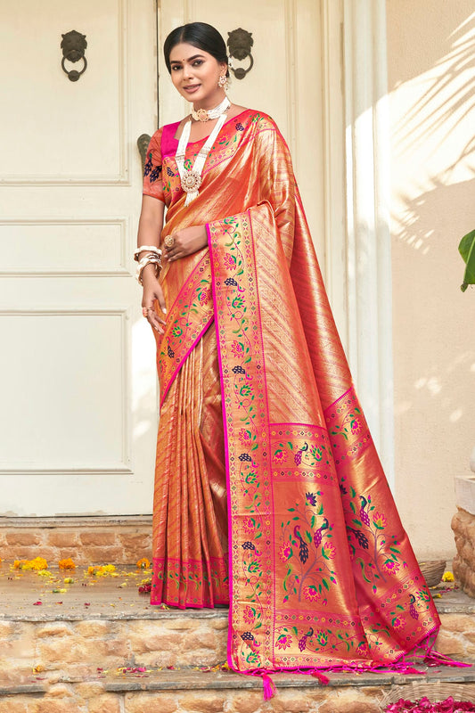 Peach Colour Woven Work Paithani Silk Saree