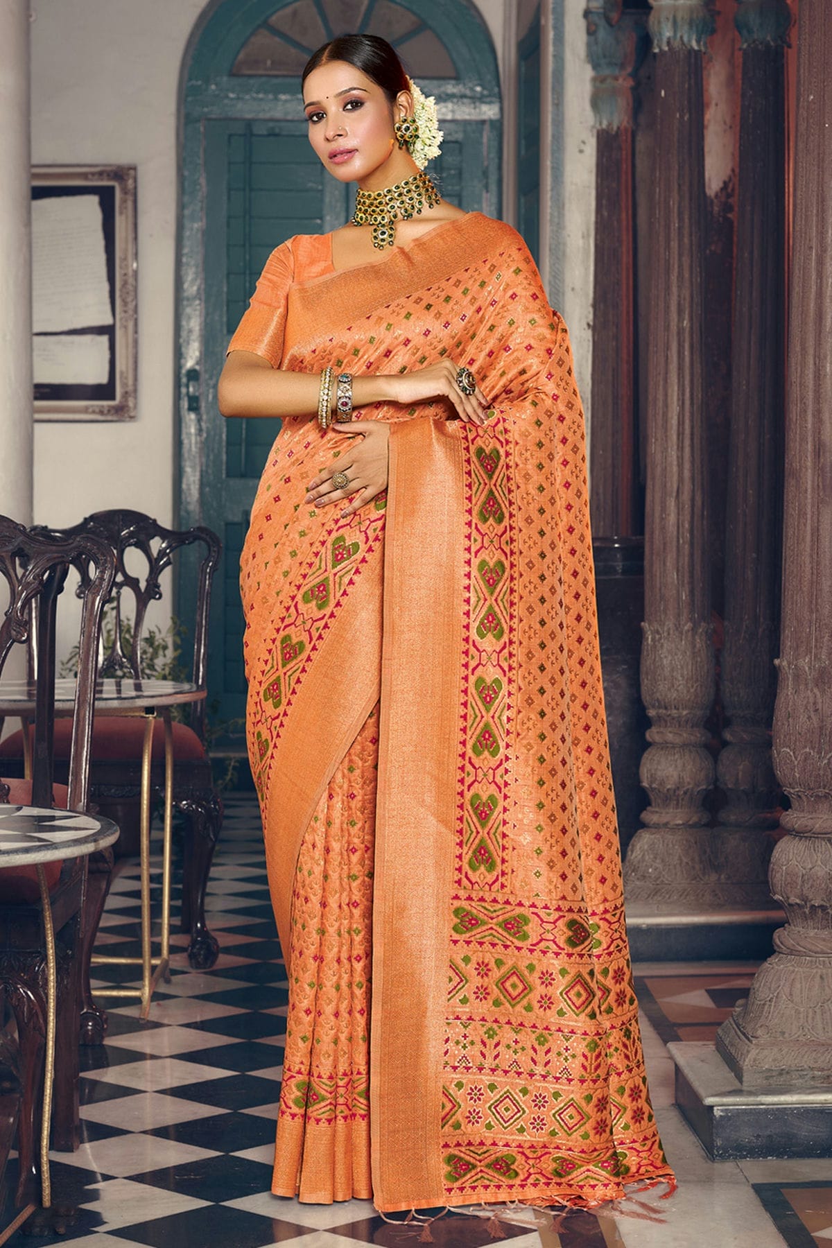 Peach Colour Woven Work Patola Silk Saree