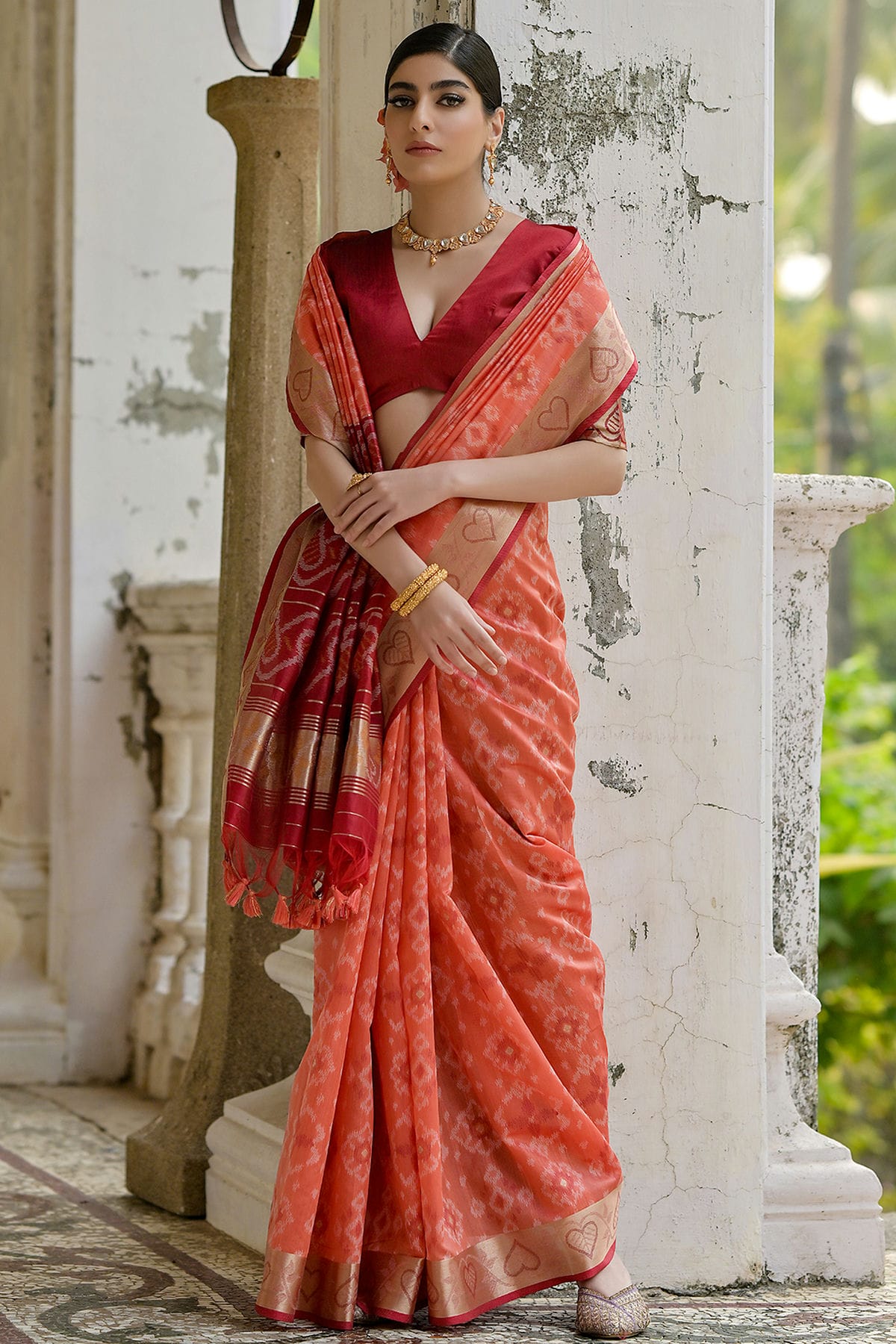 Peach Colour Woven Work Raw Silk Saree VSSD1260037