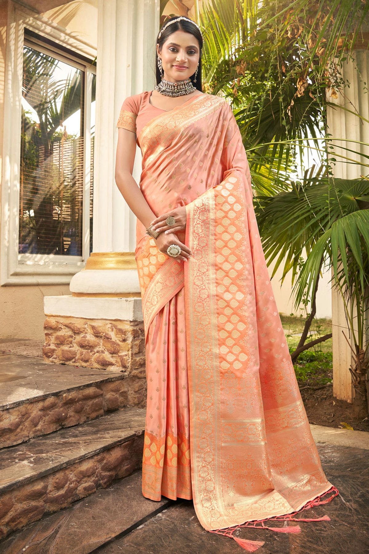 Peach Colour Woven Work Silk Saree