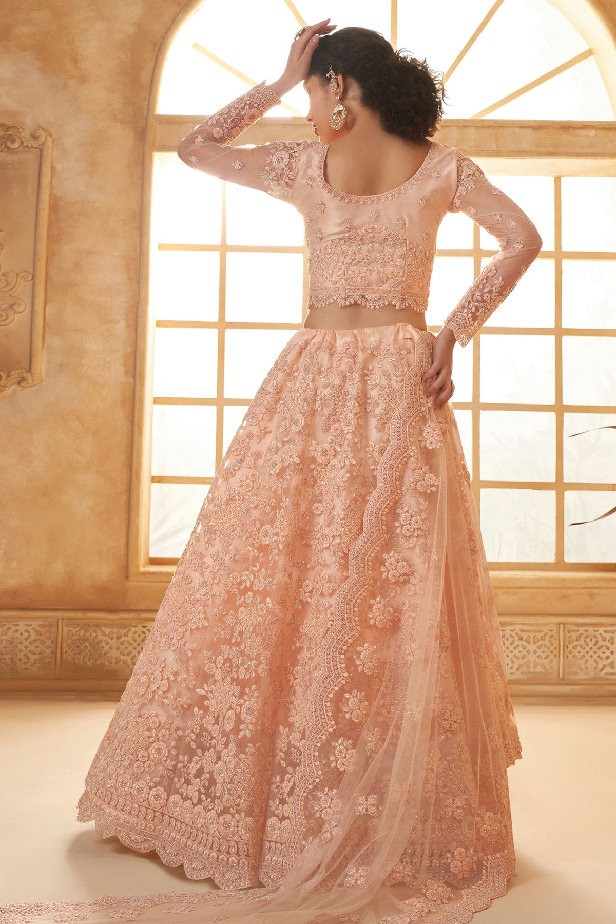 Peach Embroidery Net and SilK Lehenga Choli