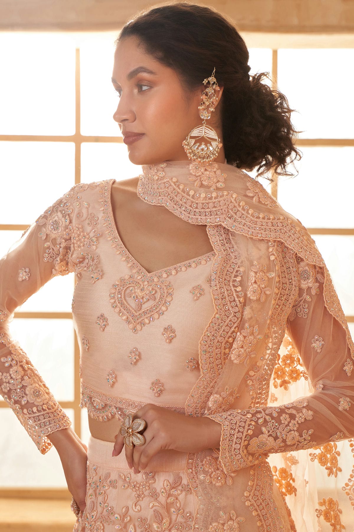 Peach Embroidery Net and SilK Lehenga Choli