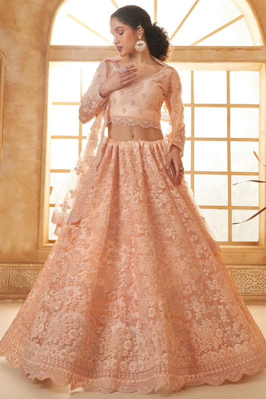 Peach Embroidery Net and SilK Lehenga Choli