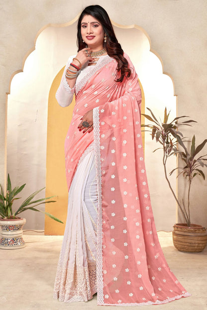 Peach and White Colour Georgette Half N Half Saree