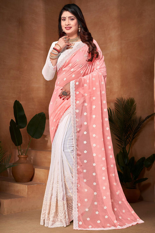 Peach and White Colour Georgette Half N Half Saree