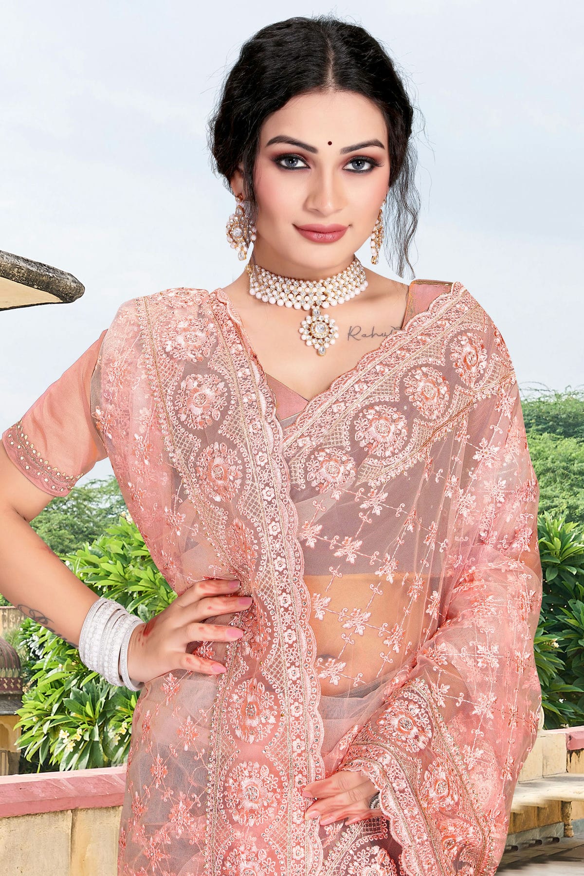 Peach Colour Net Saree