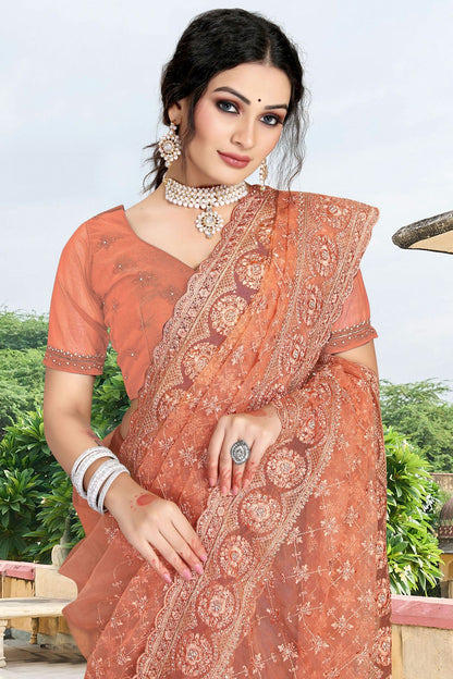 Peach Colour Net Saree