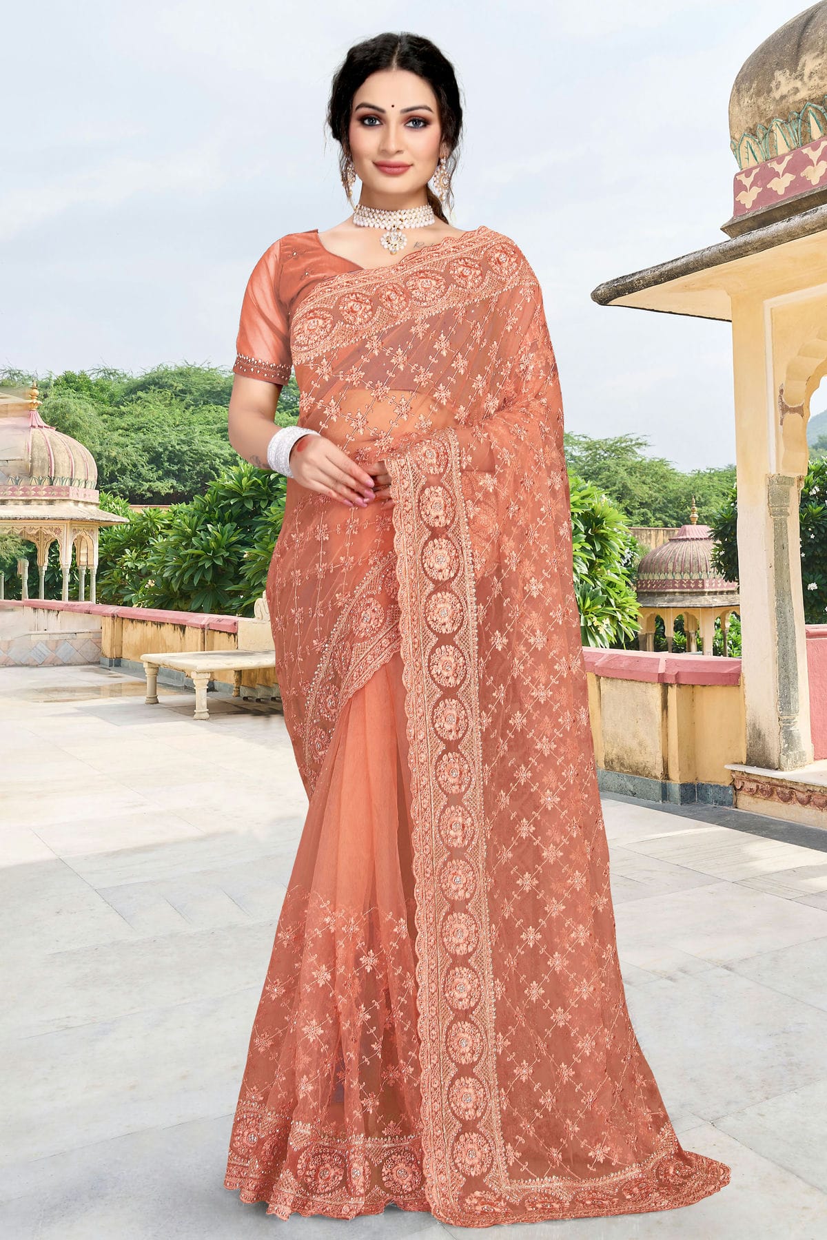 Peach Colour Net Saree