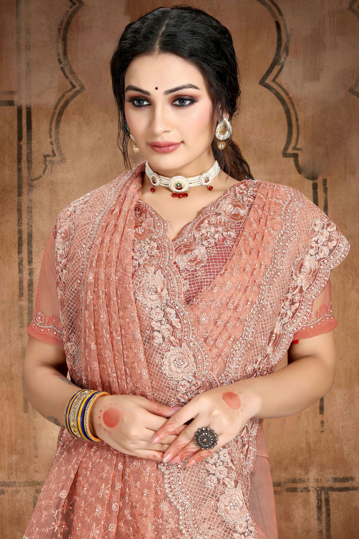 Peach Colour Net Saree