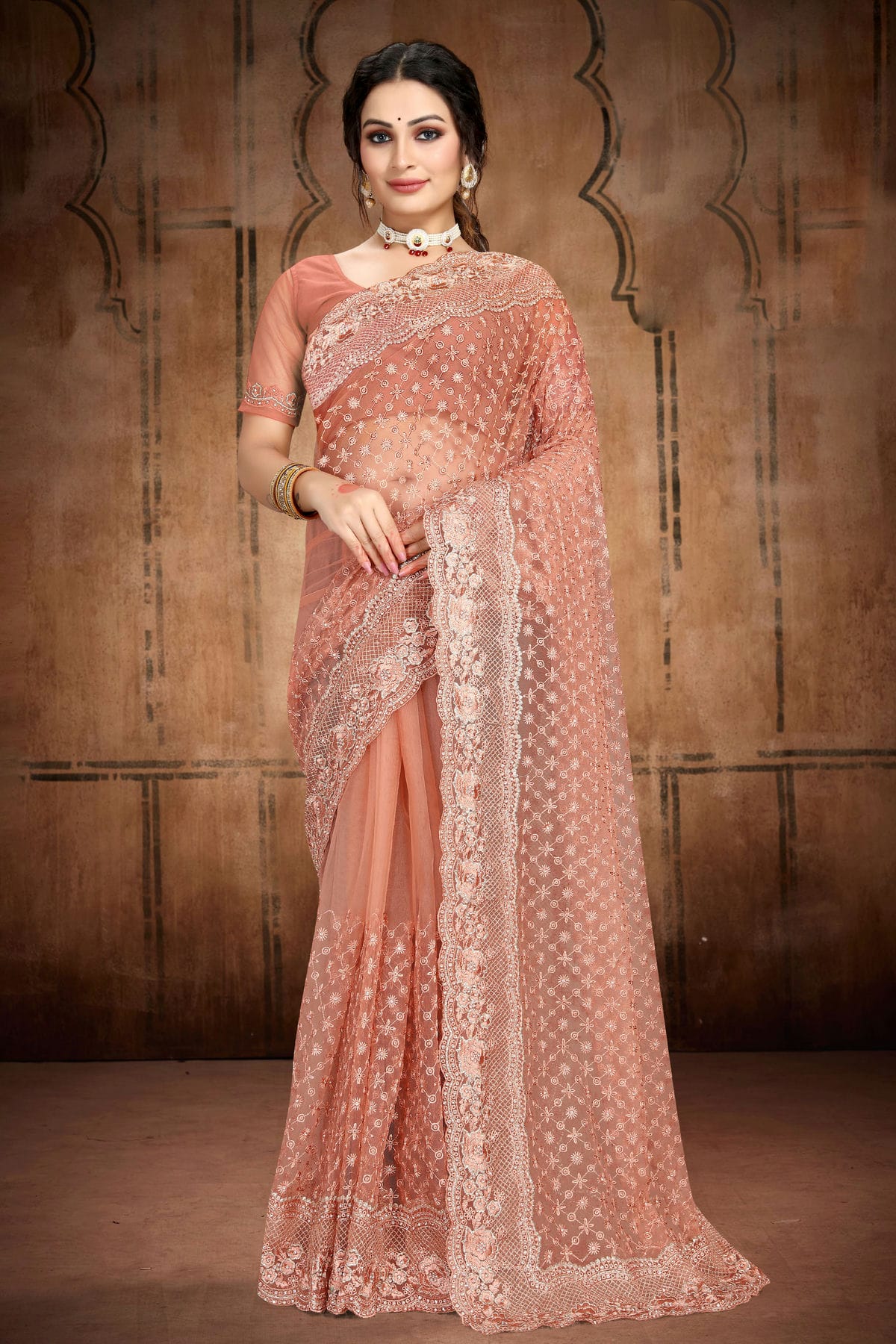 Peach Colour Net Saree