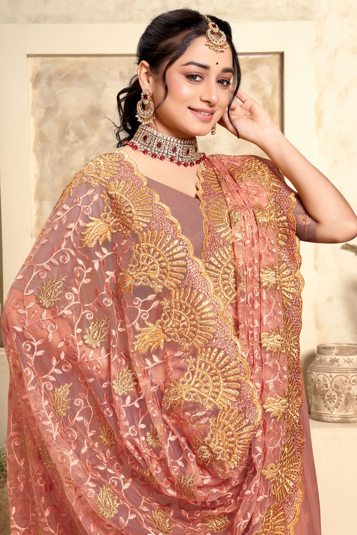 Peach Colour Net Saree