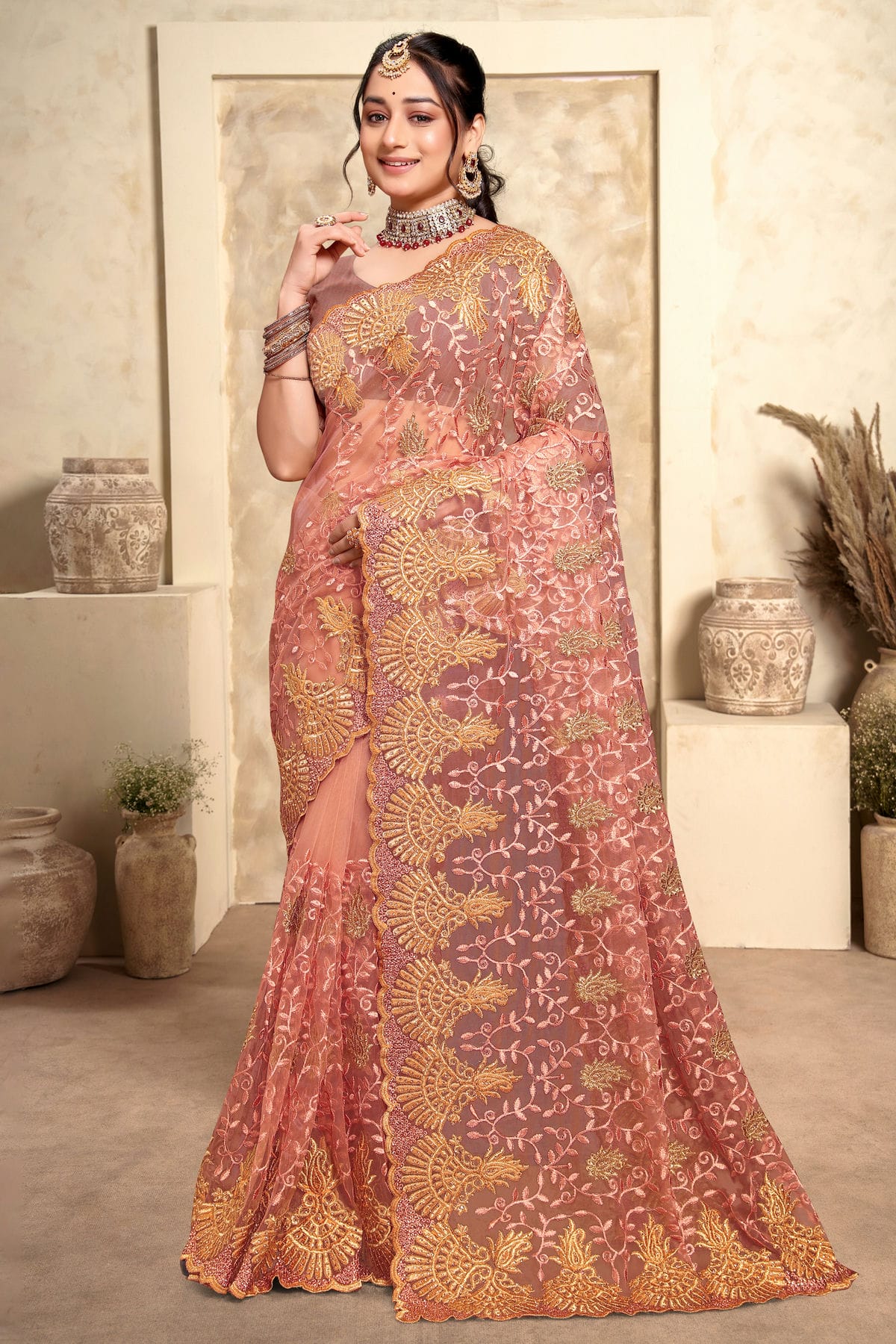 Peach Colour Net Saree