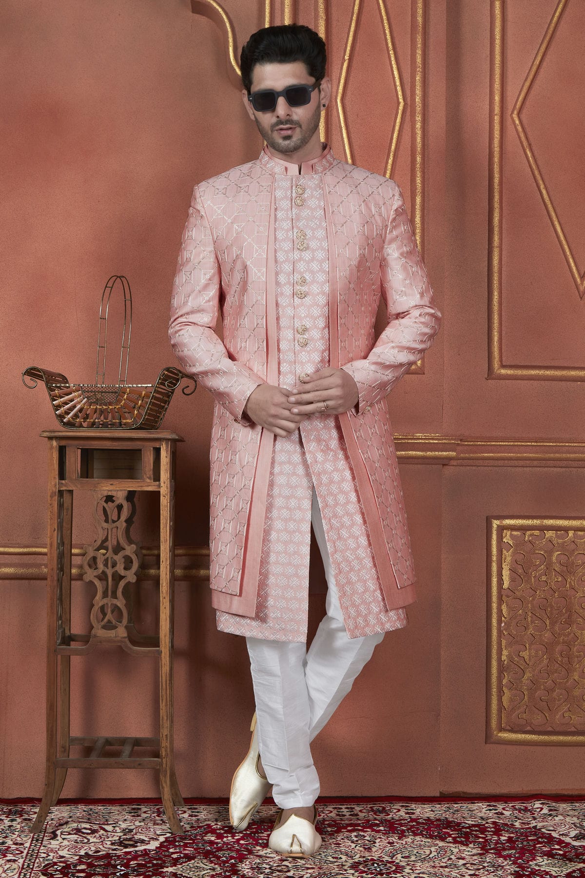 Pink Colour Art Silk Indowestern Sherwani With Aligadhi Pant VSSH1230086