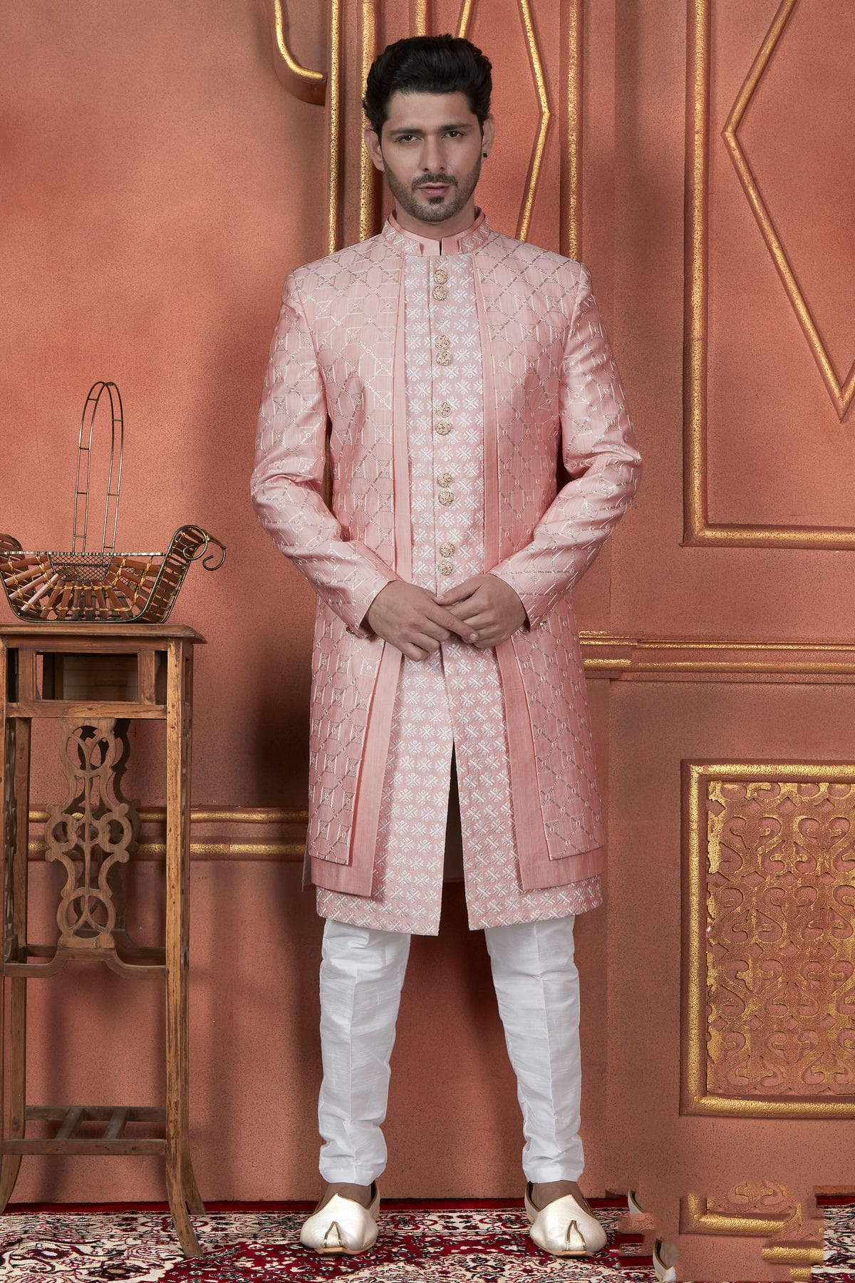 Pink Colour Art Silk Indowestern Sherwani With Aligadhi Pant