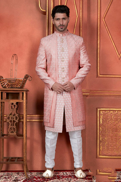 Pink Colour Art Silk Indowestern Sherwani With Aligadhi Pant