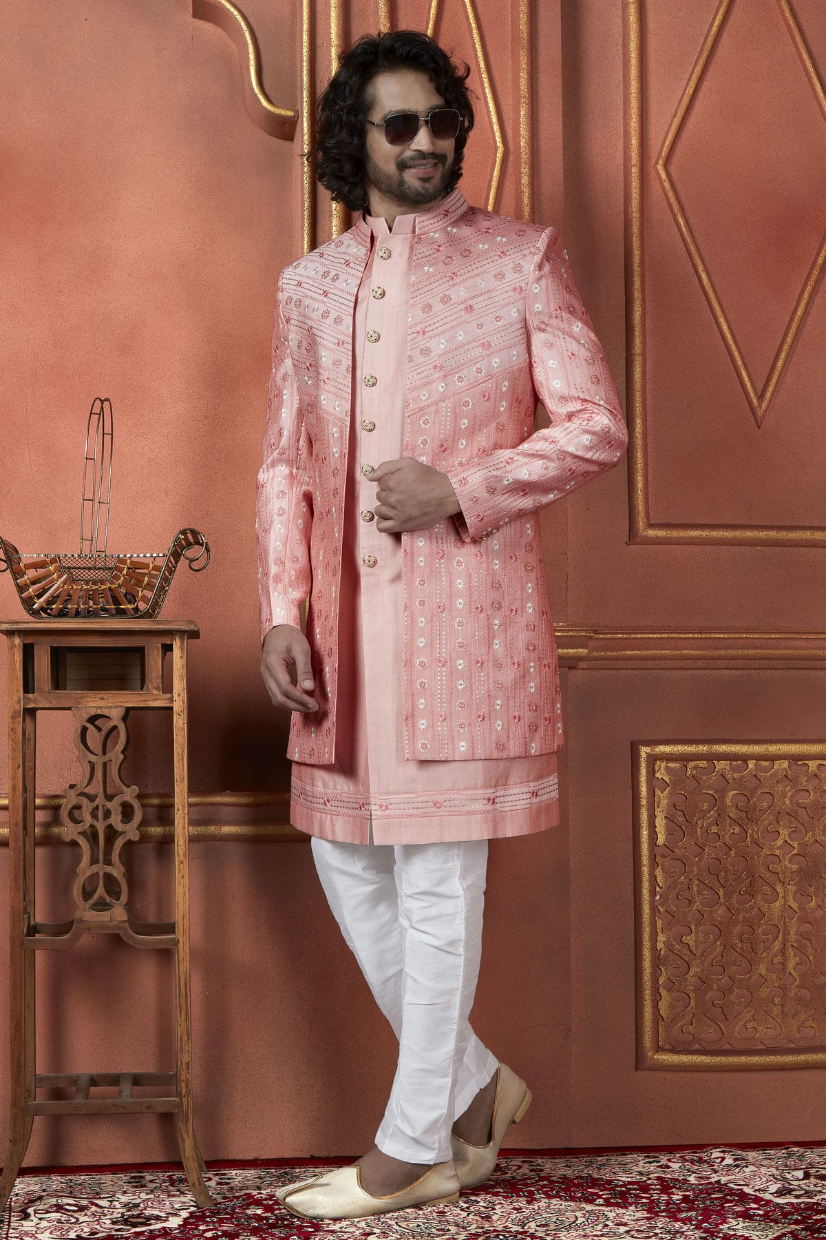 Pink Colour Art Silk Indowestern Sherwani With Aligadhi Pant VSSH1230093