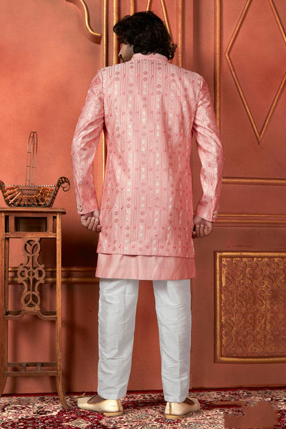 Pink Colour Art Silk Indowestern Sherwani With Aligadhi Pant VSSH1230093