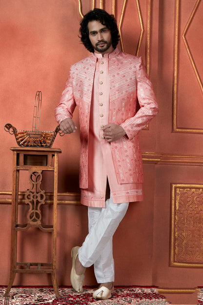 Pink Colour Art Silk Indowestern Sherwani With Aligadhi Pant