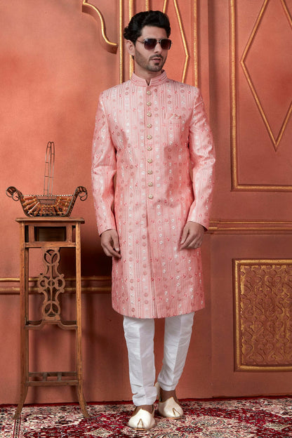 Pink Colour Art Silk Indowestern Sherwani With Aligadhi Pant VSSH1230095