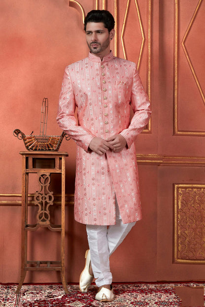 Pink Colour Art Silk Indowestern Sherwani With Aligadhi Pant