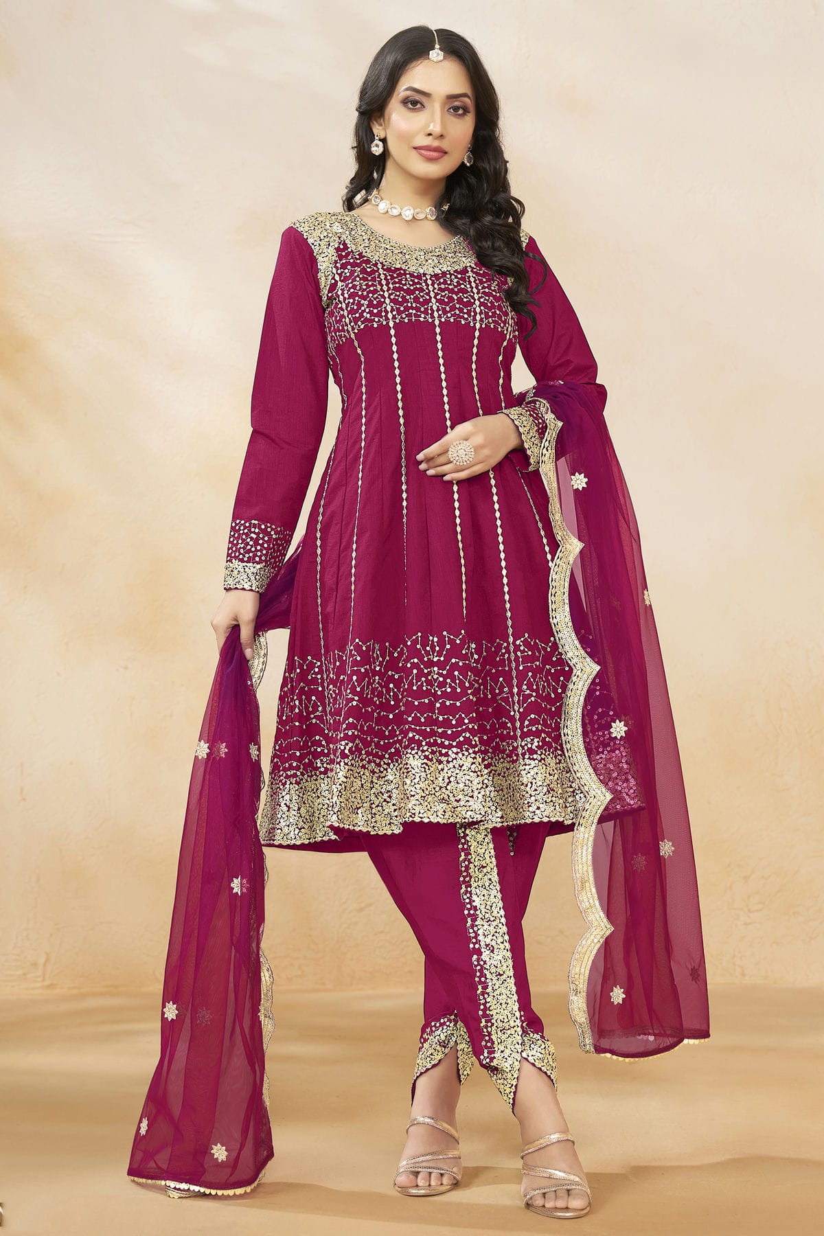 Pink Colour Art Silk Semi Stitched Patiala Suit