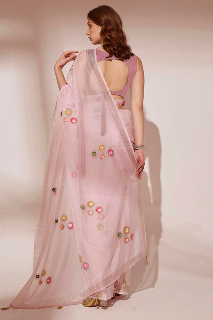 Pink Colour Blooming Organza Saree