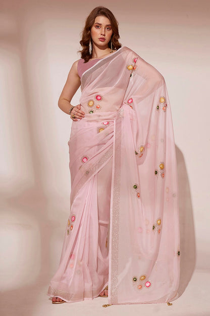 Pink Colour Blooming Organza Saree