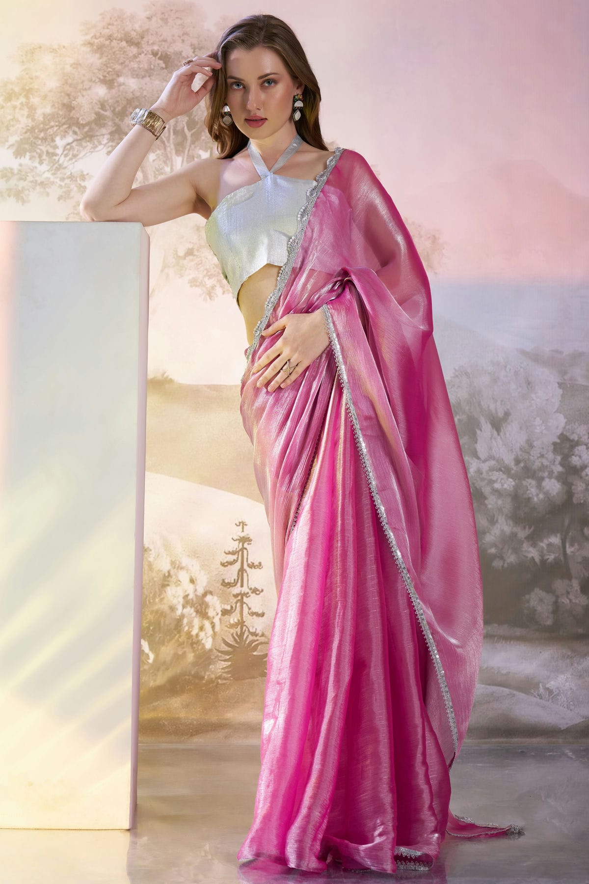 Pink-Colour-Burberry-Organza-Saree-VSSD1112722