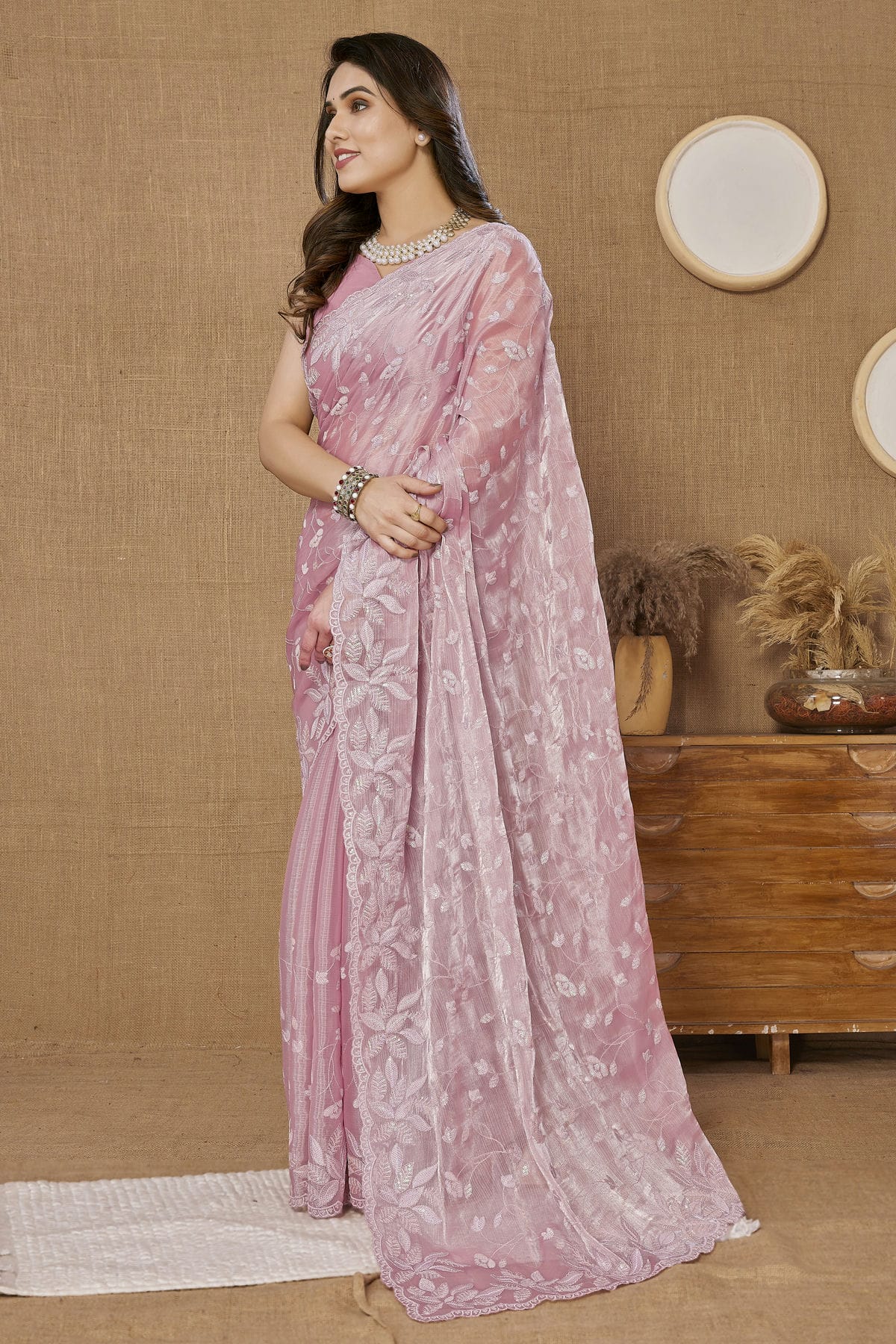 Pink Colour Burberry Saree