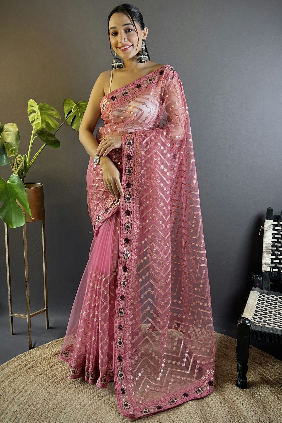 Pink Colour Butterfly Net Designer Saree