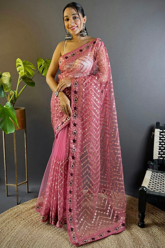 Pink Colour Butterfly Net Designer Saree