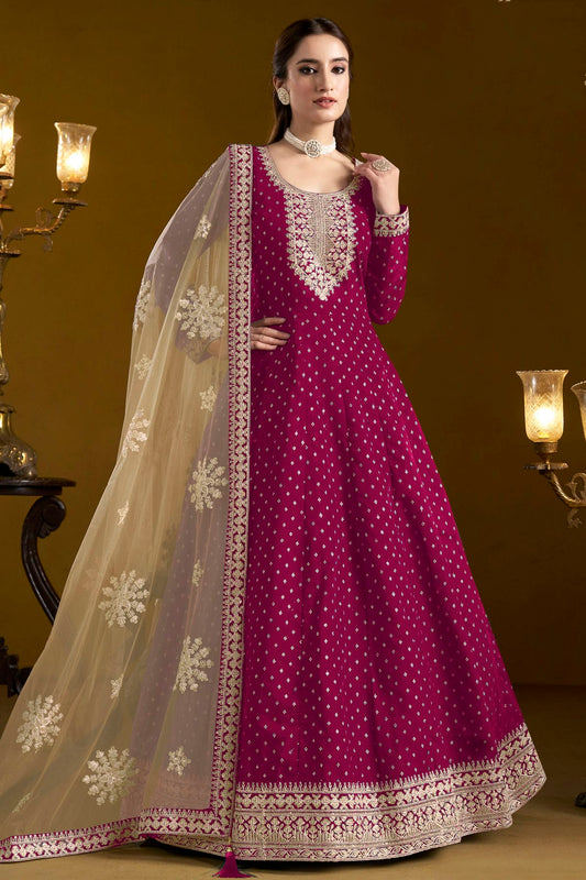 Pink Colour Chanderi Butti Semi Stitched Anarkali Suit