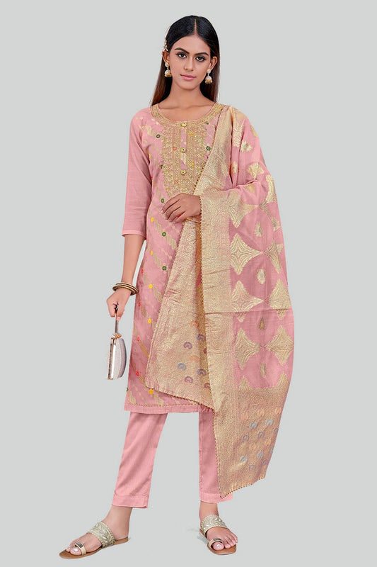 Pink Colour Chanderi Silk Pant Style Suit