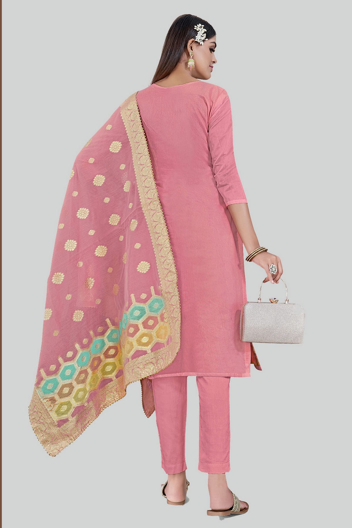 Pink Colour Chanderi Silk Pant Style Suit