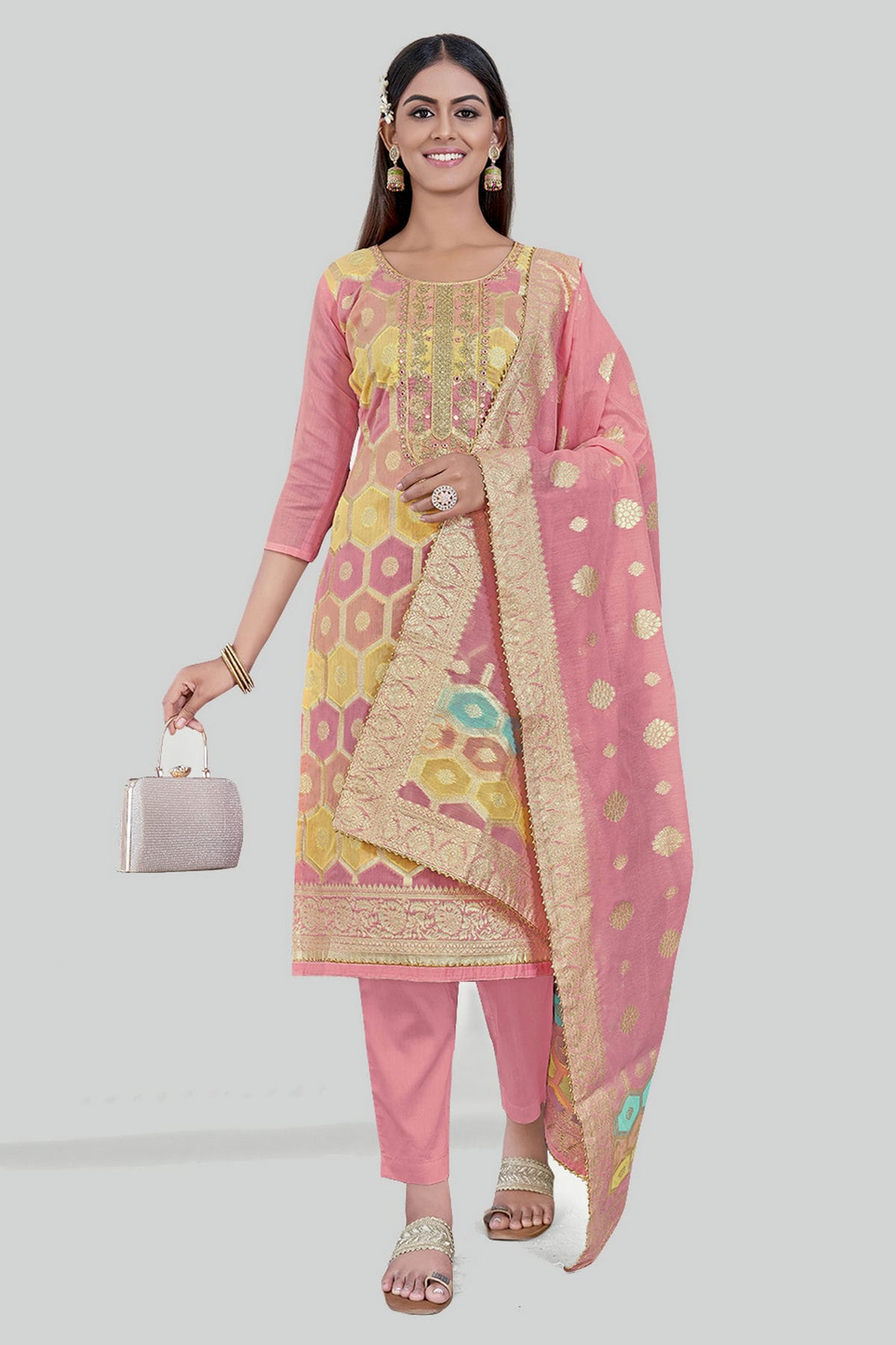 Pink Colour Chanderi Silk Pant Style Suit