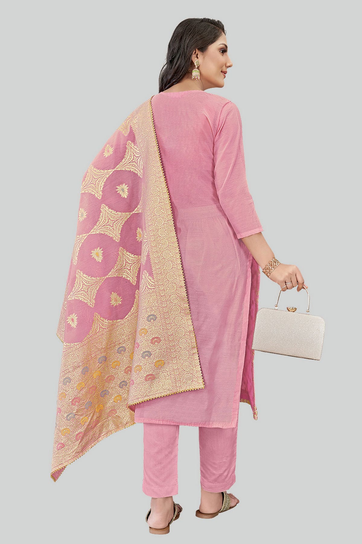 Pink Colour Chanderi Silk Pant Style Suit