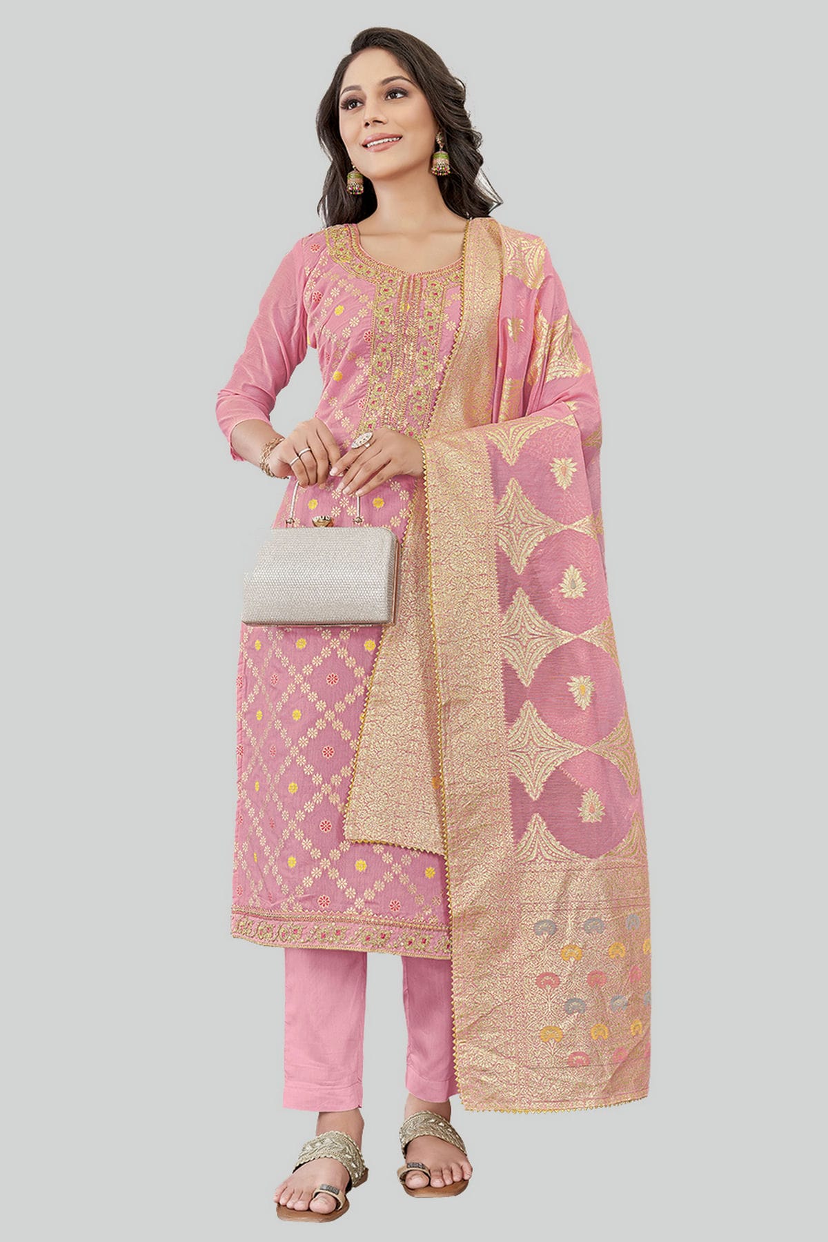 Pink Colour Chanderi Silk Pant Style Suit