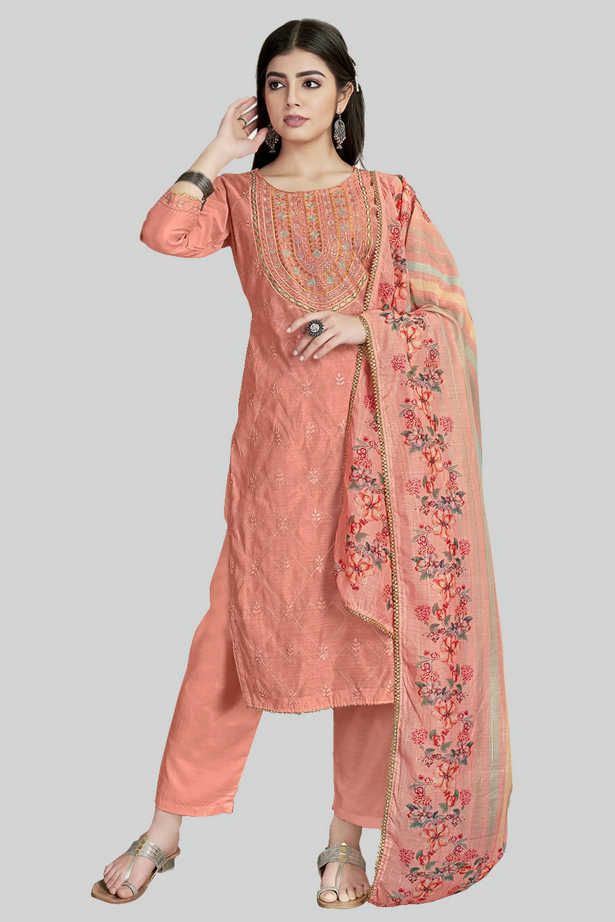 Pink Colour Chanderi Silk Pant Style Suit