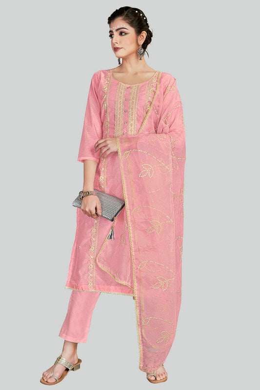 Pink Colour Chanderi Silk Pant Style Suit