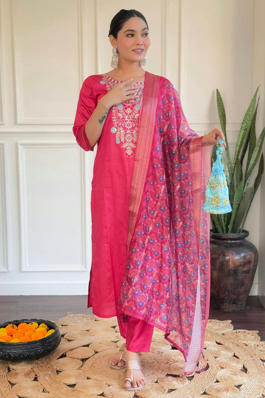 Pink Colour Chanderi Stitched Salwar Suit